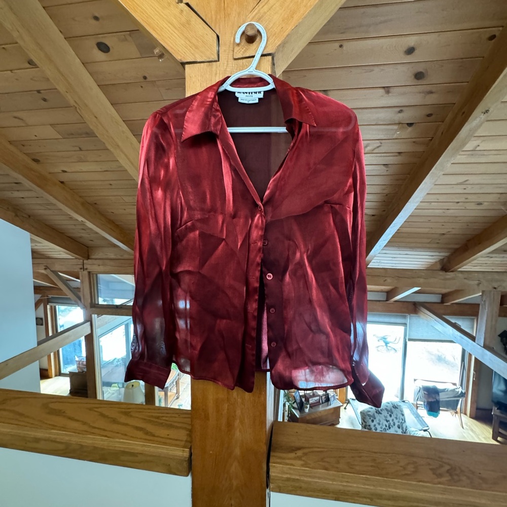 Red Sheer Vintage Button-Up Blouse